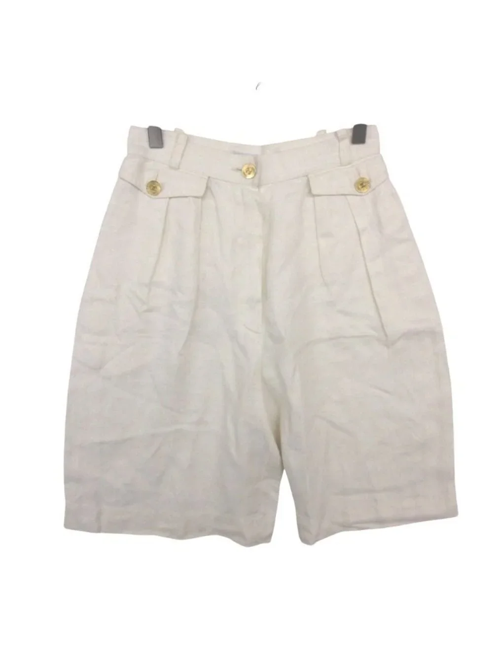 Chanel Shorts Linen 100% Gold Button CC Logo 2 Tuck White 24